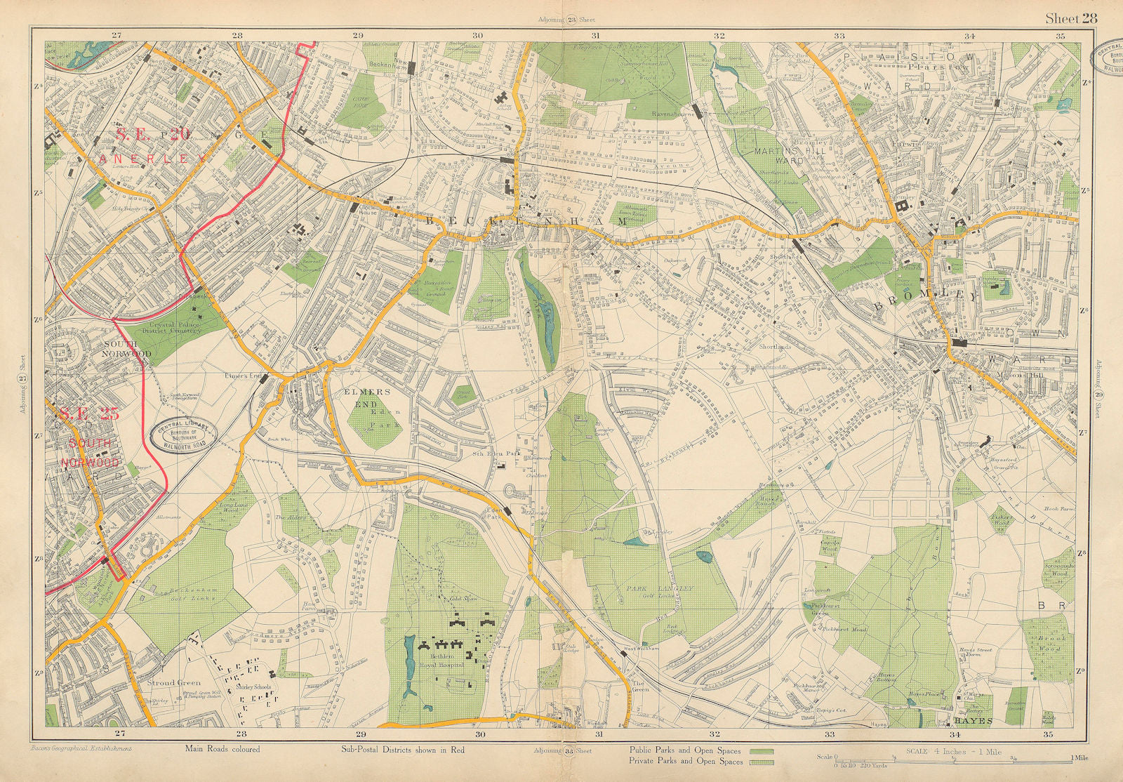 BECKENHAM Penge Bromley South Norwood West Wickham Anerley. BACON 1934 old map